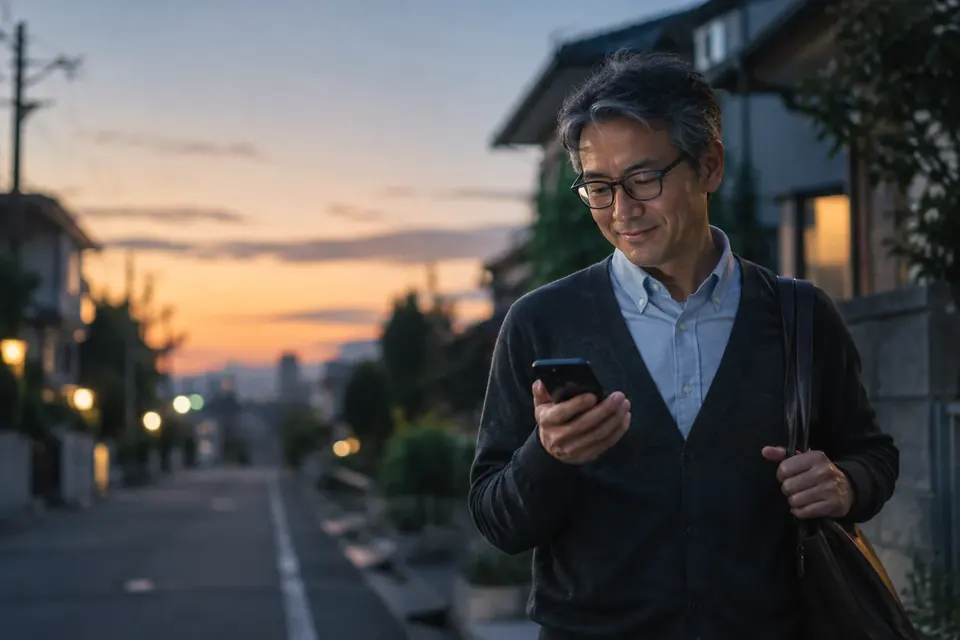 夕暮れの帰り道で通知を見て微笑む男性